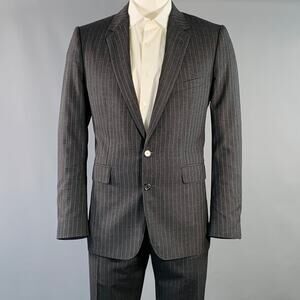 CELINE Size 44 Regular Grey Charcoal Stripe Wool Polyester Suit
